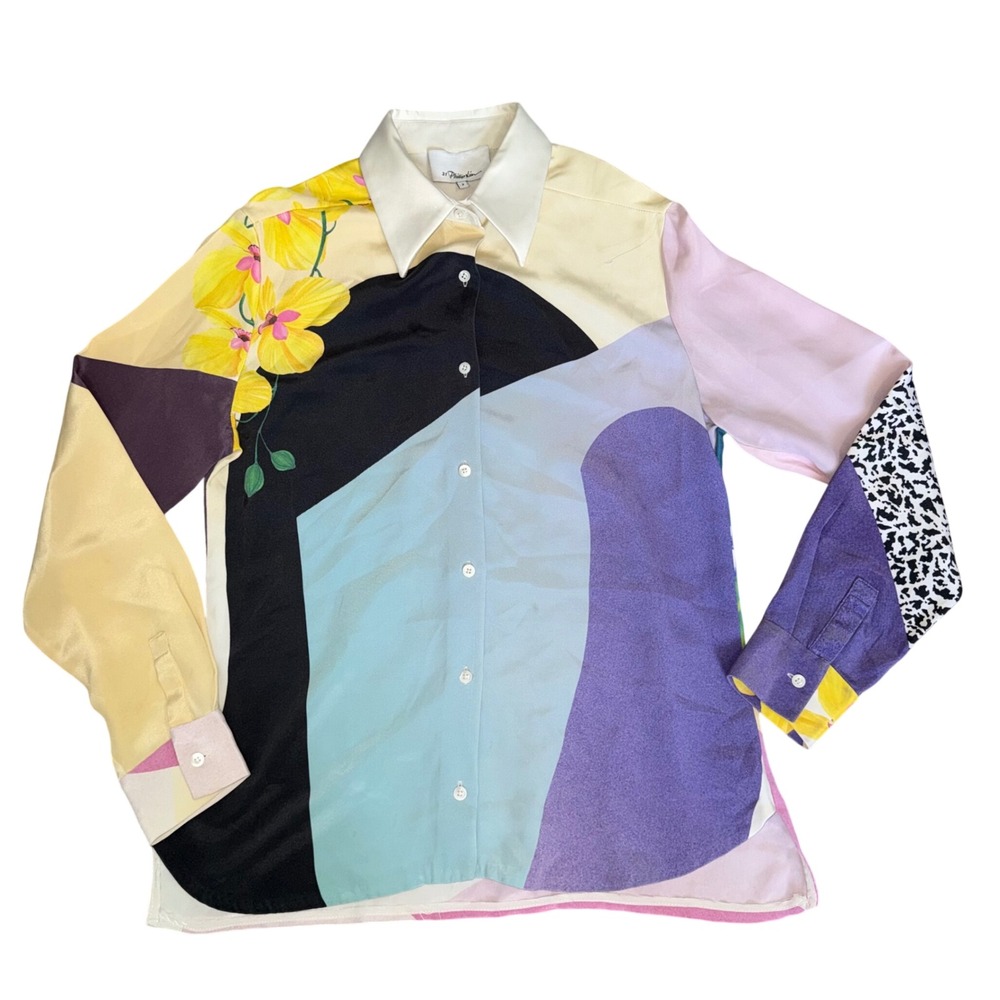 3.1 Phillip Lim Silk Blouse Womens 2 Multicolor Good Floral Colorblock Patchwork